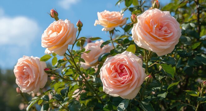 David Austins roses blossoming vividly on a bright summer day