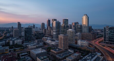Obraz premium Evening glow on metropolitan business zone with diverse skyscrapers