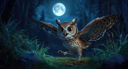 Obraz premium Kids animation of a spirited owl exploring the woodland under moonlight