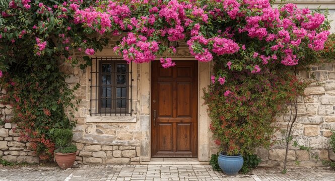 Blooming bougainvillea vines and fragrant jasmine decorate the facade of a timeworn stone house