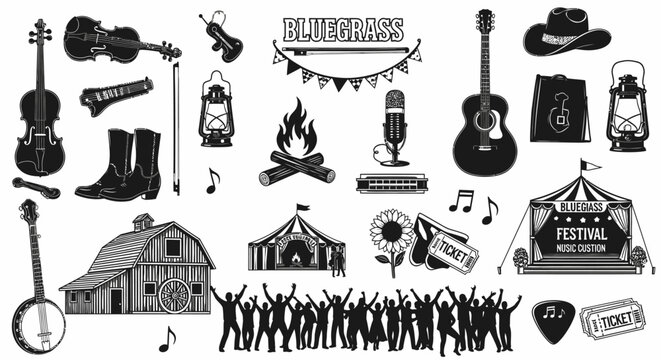 Hand Drawn Style Bluegrass Festival Icon Set Featuring Folk Instruments Country Music Culture And Artistic Line Elements