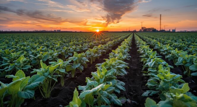 Newly sprouted sugar beet plants in a large open field with vibrant sunset backdrop