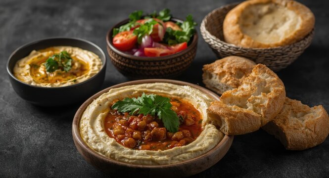 Lebanese mezze dishes including hummus, fresh garden salad, and traditional manouche bread