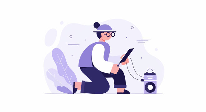 Flat illustration of person interacting with tech device and device