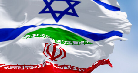 Israel and Iran Flags Waving and Overlapping 3D Render Illustration