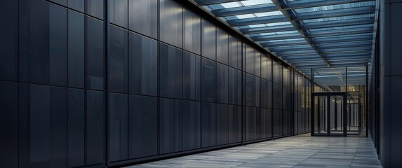 Obraz premium Modern office building detail with geometric steel rectangles parallel lines metal wall and glass entry