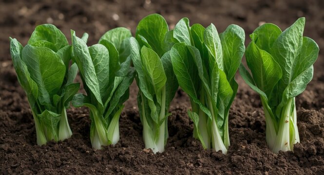 Pakchoi featuring solid green leaves cultivated in fertile earth for kitchen preparation