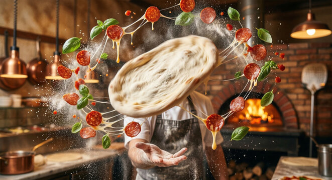 Ingredient Toss Moment
&ldquo;A chef tossing pizza dough in the air while fresh ingredients like tomatoes, flour, and basil float around, dynamic motion blur, energetic kitchen scene, warm lighting&rdquo;