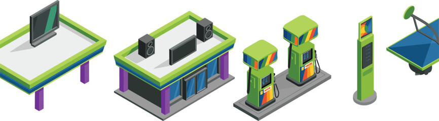 Isometric, modern, fuel, station, illustration, gas, pumps, canopy, building, energy, transport, eco, design, 3D, vector, infrastructure, retail, automotive, service, concept © Miss