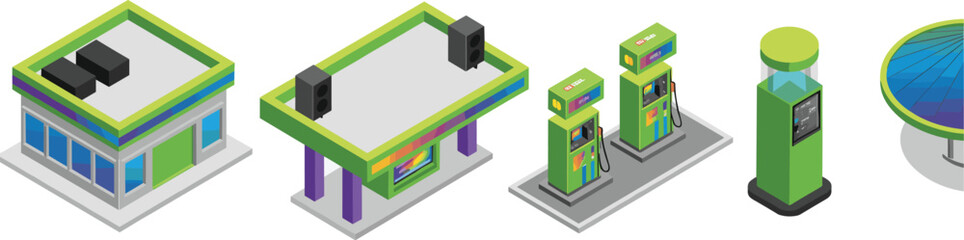 Isometric, modern, gas, station, illustration, fuel, pumps, service, building, canopy, energy, transportation, eco, design, vector, 3D, infrastructure, retail, automotive, concept © Miss