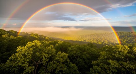 Obraz premium Vibrant double rainbow appears over lush green forest landscape at sunrise