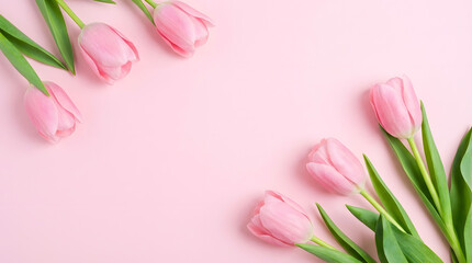 Fototapeta premium Delicate pink tulips arranged against a soft pink backdrop, creating a sense of floral elegance and freshness