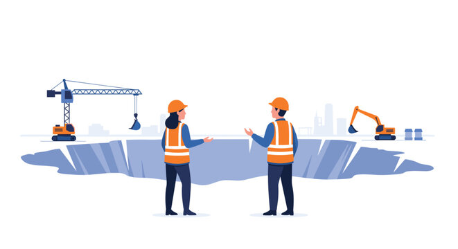 Two construction workers in orange vests stand at the edge of a large excavation pit with a crane and excavator in the background.