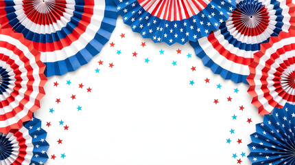 Obraz premium Festive patriotic paper fans and confetti decorations arranged in the shape of an arch 