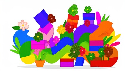 Fototapeta premium Colorful Potted Plants and Gift Boxes.