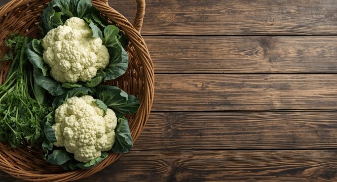 Green cauliflower vegetables in rustic wooden basket