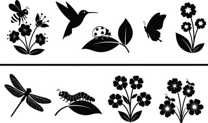 a collection of black silhouette illustrations depicting various insects flowers and a ladybug on a leaf arranged neatly high quality professional © GolamKibria