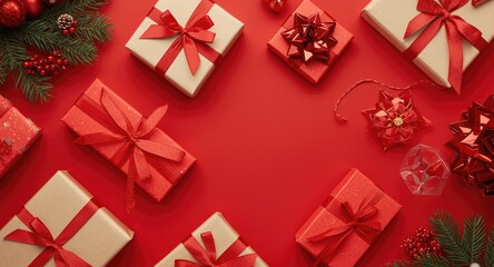 Christmas gift assortment on rich red surface ideal for festive marketing and seasonal sales events