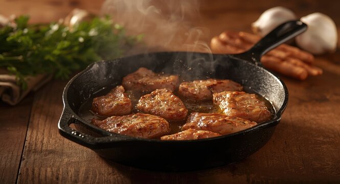 Pan cooking juicy pork cuts with rich butter flavor