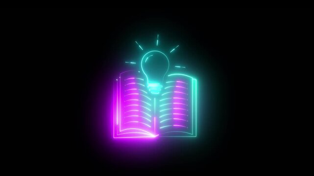 Neon Open Book with Light Bulb Icon &ndash; Education and Knowledge Discovery abstract, vision, intelligence teaching, literacy wisdom discovery.
