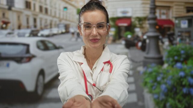 Young hispanic smiling woman doctor holds stethoscope and extends hands on busy sunlit street; compassion.