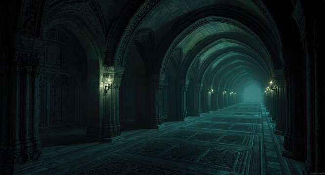Enigmatic abyssal cloister filled with hidden lore generated by artificial intelligence
