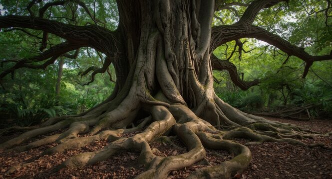 Enormous timeworn tree with roots covering wide terrain