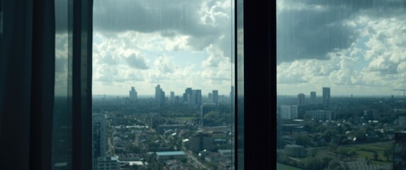 Fototapeta premium Side angle of plastic window frame with city view and partially cloudy sky