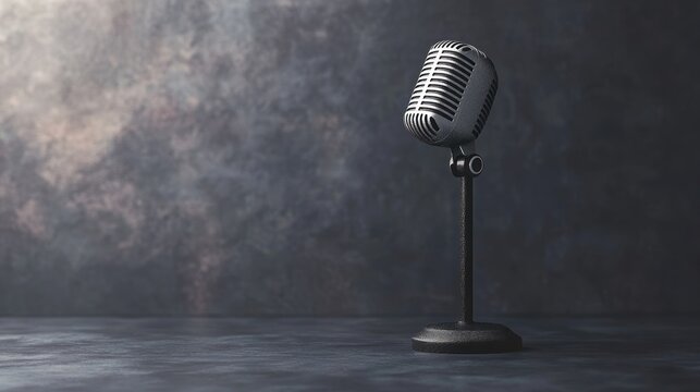 A vintage microphone on a stand against a textured grey background.