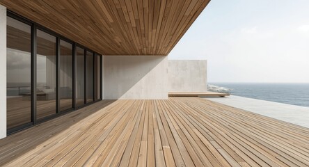 Fototapeta premium Expansive terrace with wooden floor and walls complemented by copy space and outside view