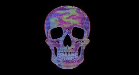 Fototapeta premium Retro CRT inspired pixelated skull with vivid abstract psychedelic colors and VHS style distortions