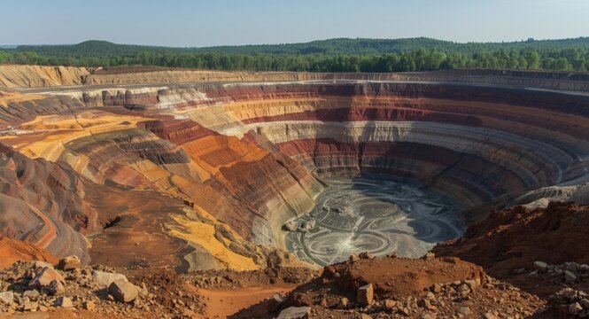 Nickel laterite mineral layers and geological structures in a colorful mining open pit