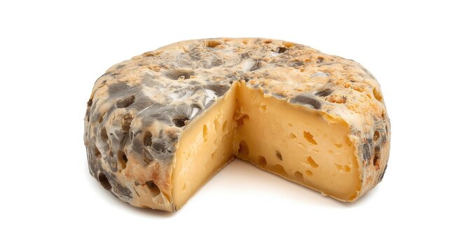 Mold covered hard cheese with signs of expiration on a simple white backdrop