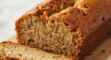 Fototapeta premium Golden baked banana bread with a moist and fluffy core