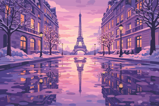 Winter Evening in Paris with Eiffel Tower and Street Reflection
