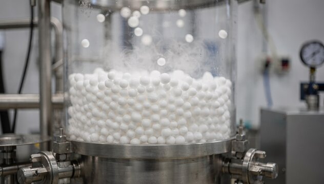 Medium shot of batch polystyrene bead preexpansion showing uniform bead swelling with controlled density under steady temperature and pressure conditions.