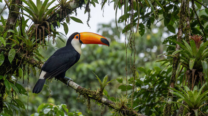 Fototapeta premium Toucan Bird Sitting on Mossy Branch in Lush Green Rainforest Canopy