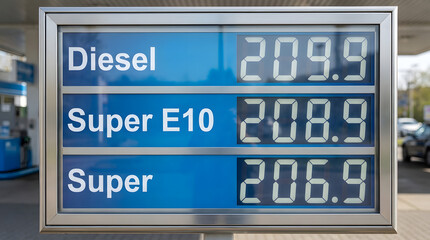 Fuel prices display on a board with diesel and super fuel prices shown