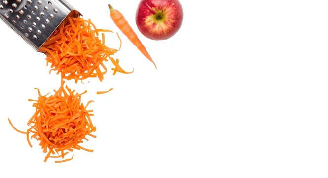 Healthy cuisine preparation concept with metal grater, shredded carrots, and fresh apples isolated on white