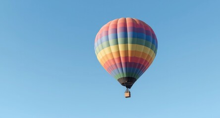 Fototapeta premium Sleek 3D product display with a colorful hot air balloon set in a clear blue sky representing vacation time