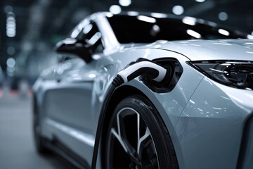 Naklejka premium Electric car charging at station with close up on charging plug and modern vehicle in indoor parking or garage environment for sustainable transportation.