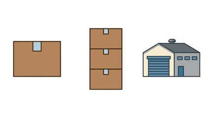 Obraz premium Simple Logistics Icons Brown Cardboard Boxes and Gray Warehouse Building.