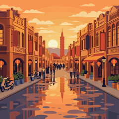 Fototapeta premium Vibrant Urban Street Illustration at Sunset