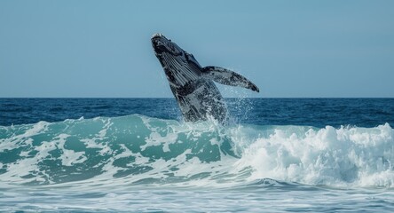 Naklejka premium Happy whale breaching above ocean waves in summertime