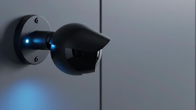 Sleek professional security camera rotates with a high-tech cinematic blue glow.