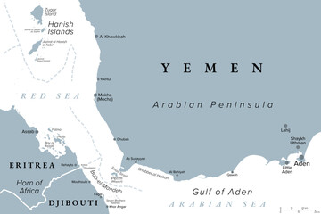 Fototapeta premium Bab-el-Mandeb, and surroundings, gray political map. Strait of Mandeb, strait between Yemen on Arabian Peninsula and Djibouti and Eritrea on Horn of Africa, connecting Red Sea to Gulf of Aden. Vector