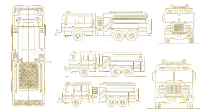 Fire Truck AutoCAD Blueprint Vector &ndash; Emergency Rescue Vehicle Technical Multiview Yellow Outline Drawing