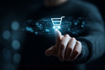 Fototapeta premium Digital marketing manager finger touching glowing shopping cart icon on virtual screen interface, concept for e-commerce website, digital retail business and online consumer behavior
