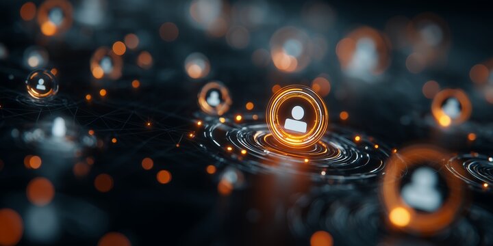 Abstract digital glowing orange human icons representing professional network connections on a dark tech background, concept for human resources management, talent acquisition and networking