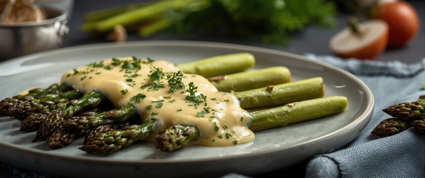 Fresh summer appetizer showcasing roasted asparagus with a creamy b&Atilde;&copy;chamel layer
